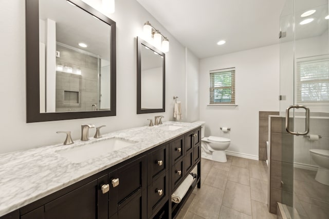 6920 Flintcove Dr, Dallas, TX 75248 - full bath featuring toilet, double vanity, a stall shower, baseboards, and recessed lighting
