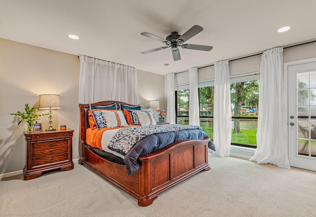 2012 Island Cir, Tool, TX 75143 - bedroom featuring access to outside, carpet floors, recessed lighting, a ceiling fan, and baseboards