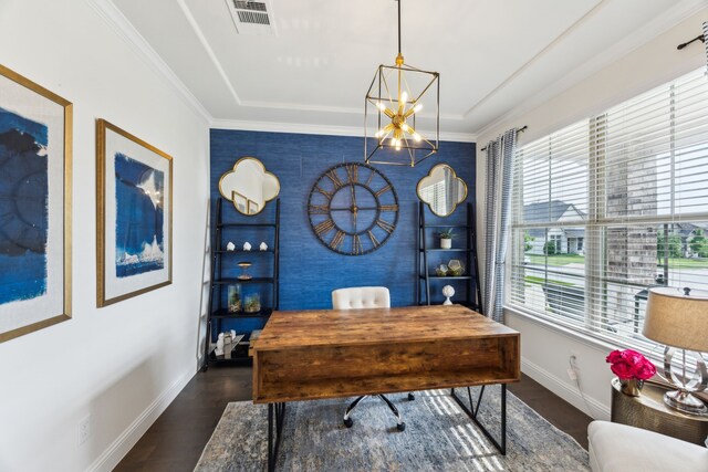 14326 Sedgegrass Dr, Frisco, TX 75033 - office with a chandelier, baseboards, wood finished floors, an accent wall, and crown molding