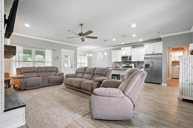 925 8th St, Tuscola, TX 79562 - living area with ceiling fan, ornamental molding, a chandelier, recessed lighting, and light wood finished floors