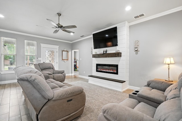 925 8th St, Tuscola, TX 79562 - living room featuring a ceiling fan, baseboards, crown molding, recessed lighting, and a fireplace