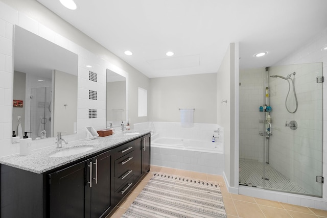 2608 Museum Way Unit 3417, Fort Worth, TX 76107 - full bath featuring a shower stall, a bath, tile patterned floors, double vanity, and recessed lighting