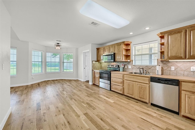 11605 Fm 697, Whitewright, TX 75491 - kitchen with stainless steel appliances, open shelves, a sink, decorative backsplash, and recessed lighting