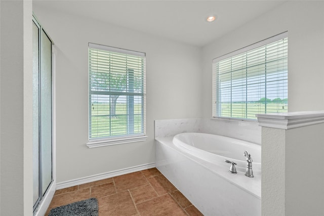 11605 Fm 697, Whitewright, TX 75491 - full bath with a bath, a stall shower, baseboards, tile patterned floors, and recessed lighting