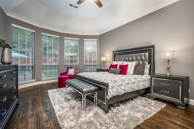 8230 Carter St, Lantana, TX 76226 - bedroom featuring wood finished floors, crown molding, a ceiling fan, baseboards, and a raised ceiling