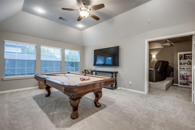 8230 Carter St, Lantana, TX 76226 - playroom with carpet floors, ceiling fan, baseboards, and lofted ceiling