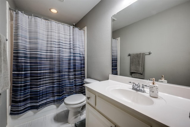 8230 Carter St, Lantana, TX 76226 - bathroom featuring vanity, toilet, shower / bath combination with curtain, recessed lighting, and a textured wall