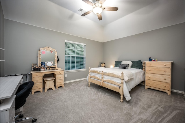 8230 Carter St, Lantana, TX 76226 - bedroom with an office area, carpet, baseboards, ceiling fan, and vaulted ceiling