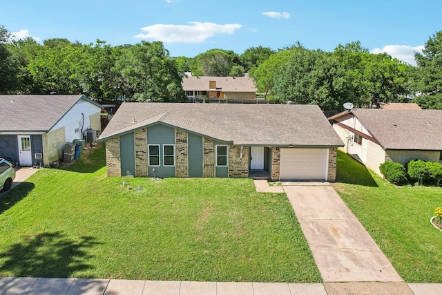 1509 Cedar Keys Dr, Lewisville, TX 75067 - mid-century modern home with brick siding, driveway, an attached garage, a front lawn, and central AC
