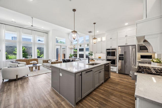 927 Leola Ln, Allen, TX 75013 - kitchen with stainless steel appliances, gray cabinets, a sink, plenty of natural light, and recessed lighting