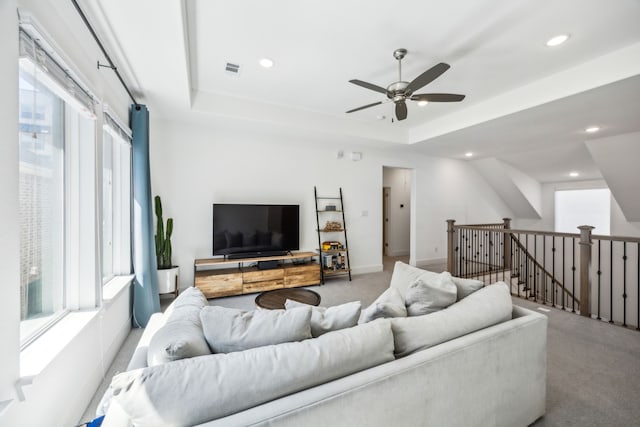 927 Leola Ln, Allen, TX 75013 - living area featuring a ceiling fan, carpet flooring, recessed lighting, a raised ceiling, and baseboards