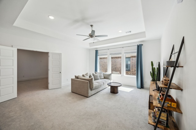 927 Leola Ln, Allen, TX 75013 - living area with a tray ceiling, carpet, ceiling fan, recessed lighting, and baseboards