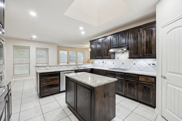 912 Kittery Dr, Desoto, TX 75115 - kitchen featuring stainless steel appliances, a sink, under cabinet range hood, light tile patterned floors, and recessed lighting