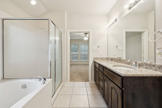 912 Kittery Dr, Desoto, TX 75115 - bathroom featuring double vanity, a stall shower, a bath, ceiling fan, and tile patterned floors