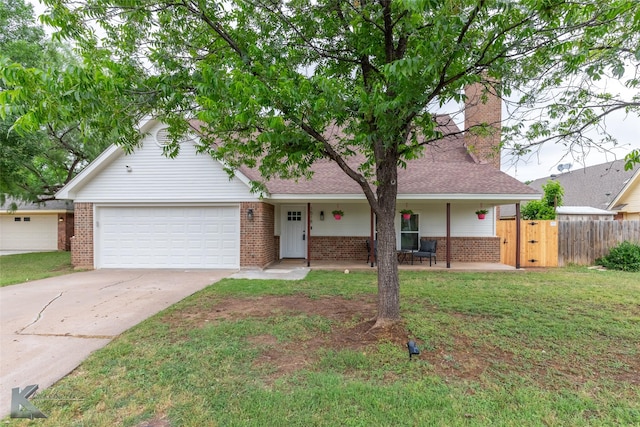 1518 Weavers Way, Abilene, TX 79602 - view of front of home featuring brick siding, a garage, concrete driveway, a chimney, and a shingled roof
