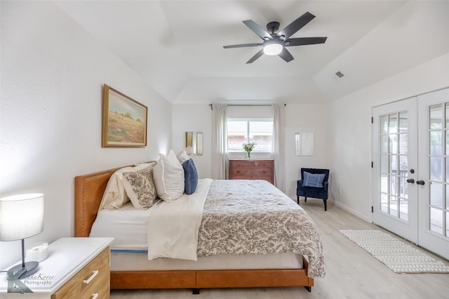 1518 Weavers Way, Abilene, TX 79602 - bedroom featuring french doors, light wood finished floors, access to exterior, a ceiling fan, and vaulted ceiling