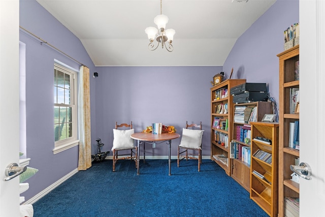 1114 Mount Ln, Rhome, TX 76078 - carpeted dining space featuring vaulted ceiling, a chandelier, and baseboards