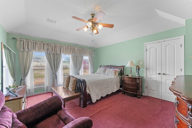 1114 Mount Ln, Rhome, TX 76078 - carpeted bedroom featuring multiple windows, a ceiling fan, and a closet