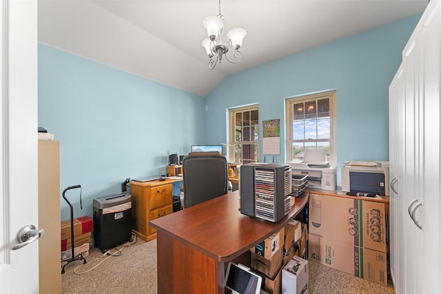 1114 Mount Ln, Rhome, TX 76078 - home office featuring vaulted ceiling, carpet flooring, and a chandelier