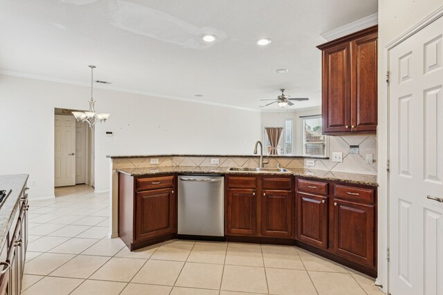 5723 Green Hollow Ln, The Colony, TX 75056 - kitchen featuring stainless steel dishwasher, a sink, crown molding, tasteful backsplash, and ceiling fan