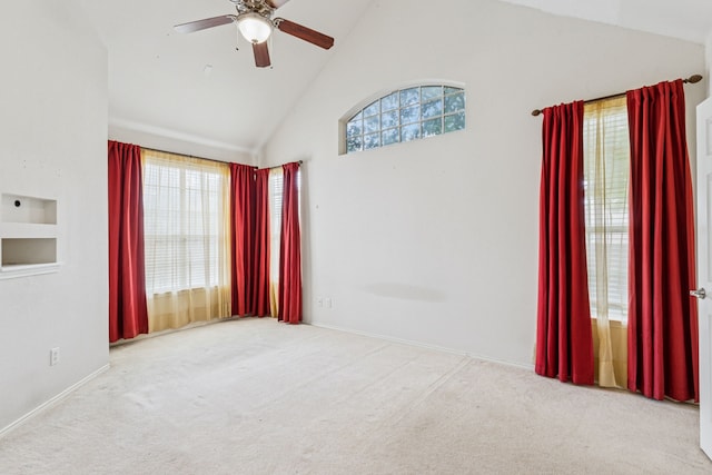 5723 Green Hollow Ln, The Colony, TX 75056 - unfurnished room featuring high vaulted ceiling, carpet, a ceiling fan, and baseboards