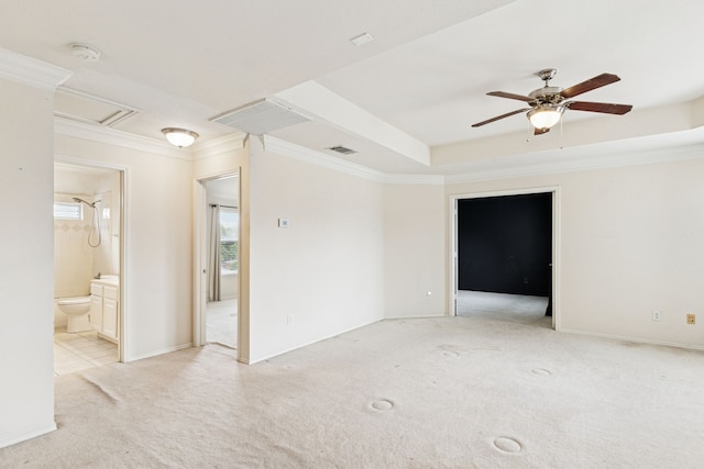 5723 Green Hollow Ln, The Colony, TX 75056 - unfurnished room with light colored carpet, a smoke detector, ornamental molding, ceiling fan, and attic access