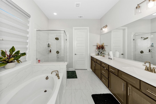 6329 Camey Place Way, The Colony, TX 75056 - full bathroom with a shower stall, marble look tile flooring, a garden tub, and double vanity