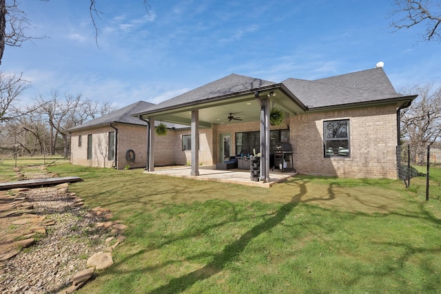 230 Silver Lakes Dr, Sunset, TX 76270 - rear view of property with ceiling fan, brick siding, a patio, and an outdoor living space