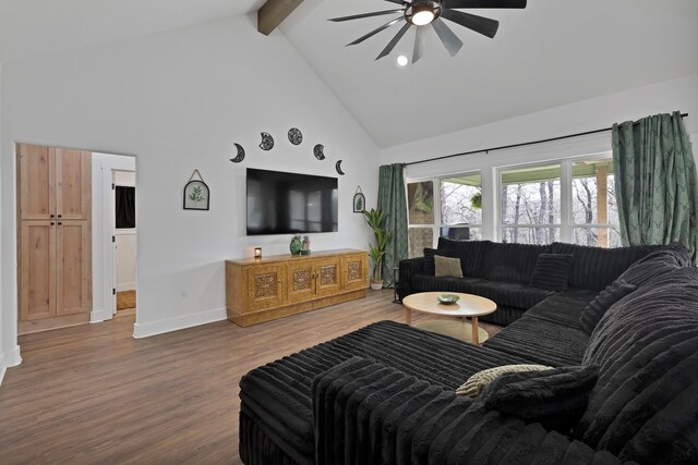 230 Silver Lakes Dr, Sunset, TX 76270 - living room with high vaulted ceiling, a ceiling fan, beam ceiling, baseboards, and wood finished floors