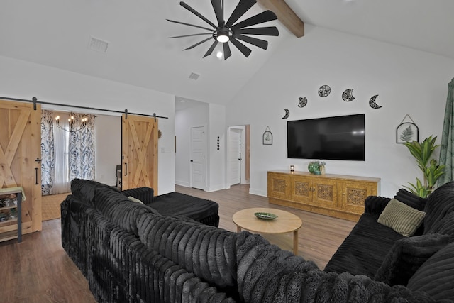 230 Silver Lakes Dr, Sunset, TX 76270 - living room featuring a barn door, a ceiling fan, beam ceiling, high vaulted ceiling, and wood finished floors