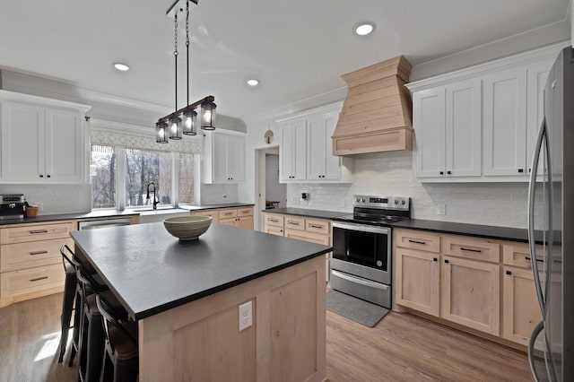 230 Silver Lakes Dr, Sunset, TX 76270 - kitchen with appliances with stainless steel finishes, custom exhaust hood, dark countertops, a sink, and backsplash