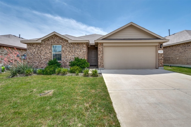 16421 Porterfield Ln, Justin, TX 76247 - single story home with concrete driveway, a garage, a front lawn, and brick siding