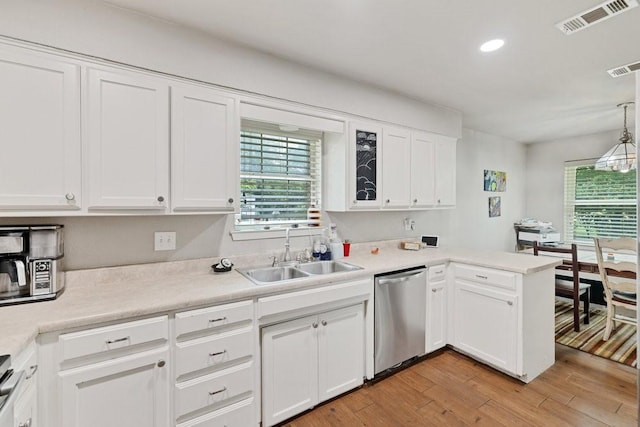 914 Glengarden St, Krum, TX 76249 - kitchen featuring dishwasher, a sink, white cabinetry, light wood-style floors, and recessed lighting