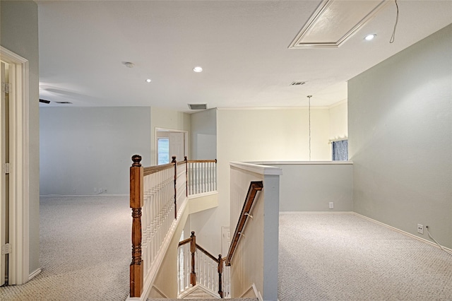 1503 Murphy Dr, Rockwall, TX 75087 - hallway featuring an upstairs landing, carpet floors, attic access, baseboards, and recessed lighting