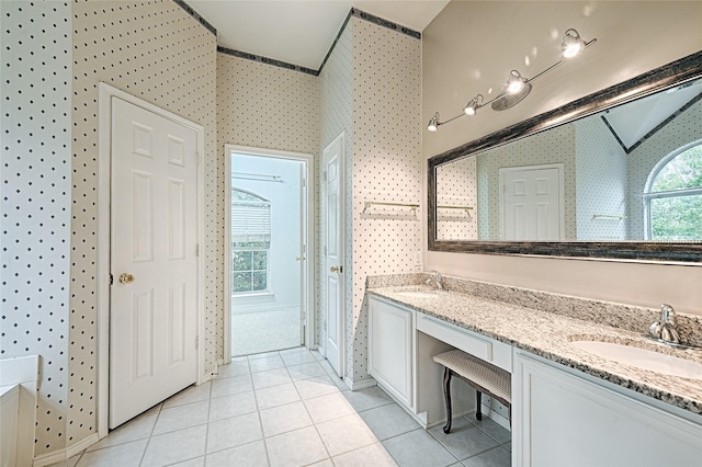 1503 Murphy Dr, Rockwall, TX 75087 - full bathroom with wallpapered walls, tile patterned floors, and double vanity