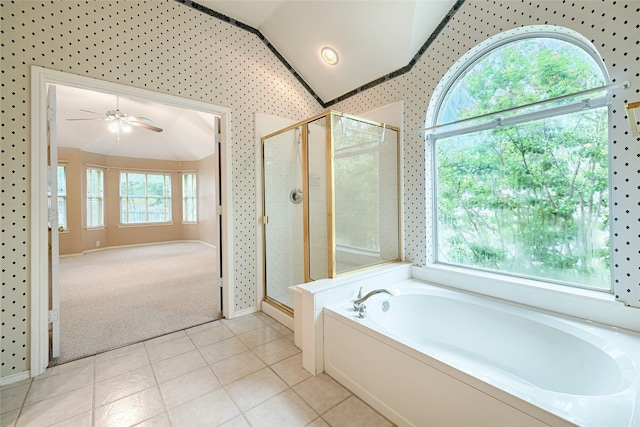 1503 Murphy Dr, Rockwall, TX 75087 - full bath with lofted ceiling, a shower stall, a bath, tile patterned flooring, and ceiling fan