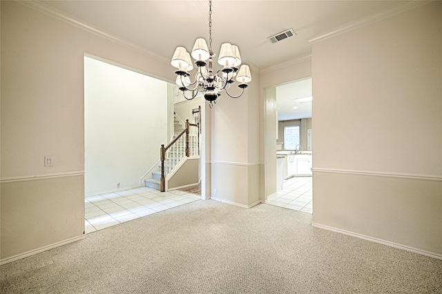 1503 Murphy Dr, Rockwall, TX 75087 - unfurnished dining area with a chandelier, crown molding, stairs, carpet floors, and baseboards