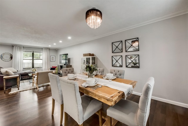 5010 Lahoma St, Dallas, TX 75235 - dining room with recessed lighting, baseboards, ornamental molding, dark wood-style floors, and a chandelier
