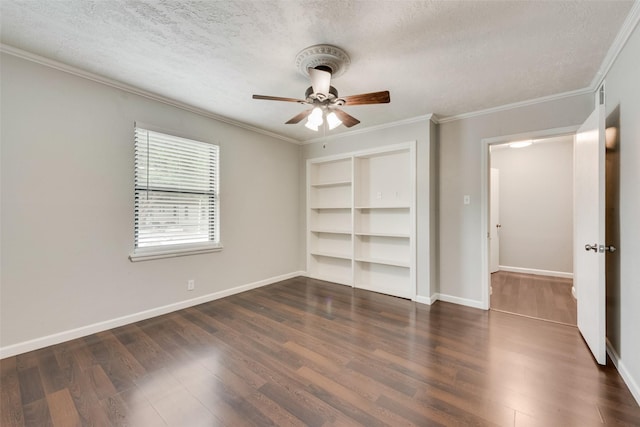 5010 Lahoma St, Dallas, TX 75235 - unfurnished bedroom featuring a textured ceiling, dark wood-type flooring, ornamental molding, baseboards, and a ceiling fan