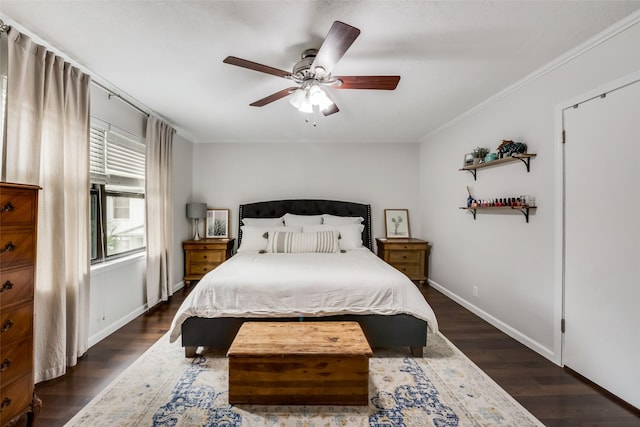 5010 Lahoma St, Dallas, TX 75235 - bedroom with dark wood-style flooring, baseboards, a ceiling fan, and ornamental molding