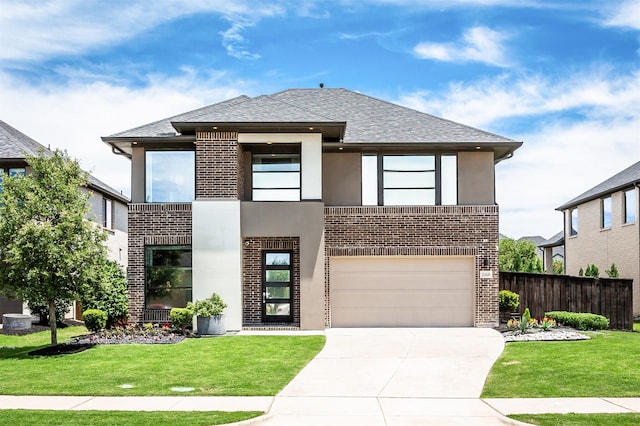 2468 Electra Dr, Allen, TX 75013 - contemporary home with brick siding, a garage, concrete driveway, stucco siding, and roof with shingles