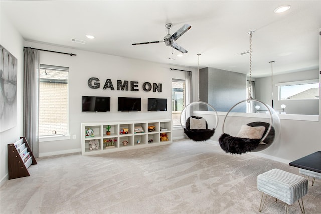 2468 Electra Dr, Allen, TX 75013 - living area featuring ceiling fan, baseboards, carpet floors, and recessed lighting
