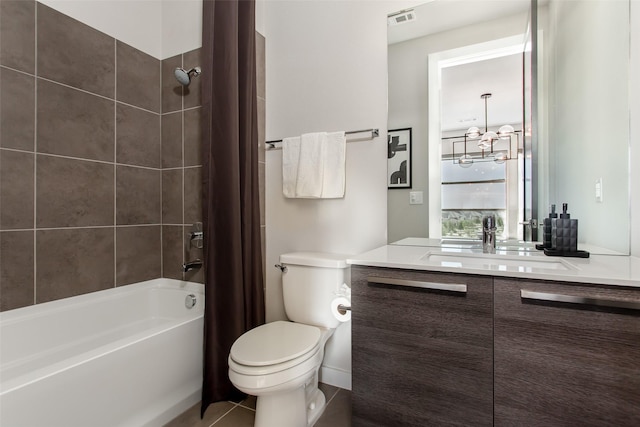 2468 Electra Dr, Allen, TX 75013 - full bathroom featuring vanity, toilet, shower / bathtub combination with curtain, and a chandelier