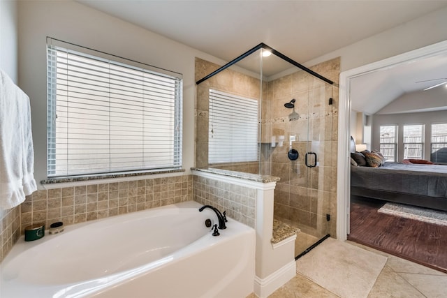 1003 Stanbridge Dr, Wylie, TX 75098 - ensuite bathroom featuring a garden tub, a stall shower, tile patterned floors, and ceiling fan