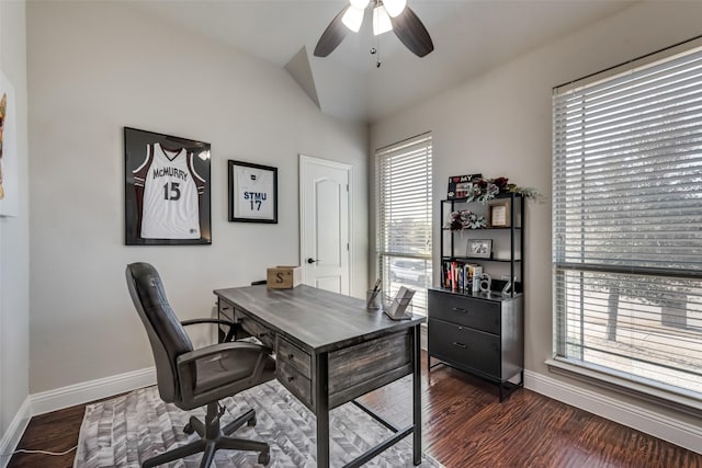 1003 Stanbridge Dr, Wylie, TX 75098 - office space featuring a ceiling fan, baseboards, lofted ceiling, and dark wood-style floors
