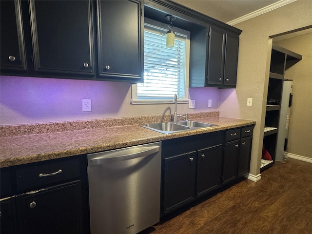 14051 Joe B Fulgham Cir, Brownsboro, TX 75756 - kitchen featuring stainless steel dishwasher, a sink, ornamental molding, dark wood-style floors, and dark cabinets