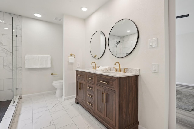 405 Rosemary Ln, Euless, TX 76039 - full bathroom with marble look tile flooring, toilet, a tile shower, double vanity, and baseboards