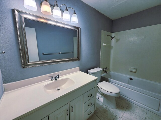 2908 Wilkinson Ave, Fort Worth, TX 76103 - full bathroom with shower / bathtub combination, toilet, vanity, tile patterned floors, and a textured wall