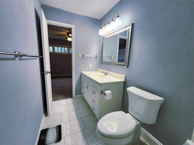 2908 Wilkinson Ave, Fort Worth, TX 76103 - bathroom with a ceiling fan, toilet, vanity, tile patterned floors, and baseboards