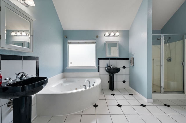 6345 Pinionpark Way, Fort Worth, TX 76179 - bathroom featuring a whirlpool tub, a shower stall, tile walls, lofted ceiling, and tile patterned floors